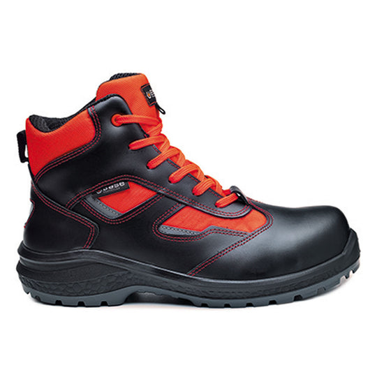 Black Base Be Flashy/ Be More Safety Boot. Boot has a Black sole, Protective toe, red laces and red ankle area. Boot also has base branding and red contrast through out.