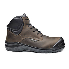 Brown Base Be Browny/ Be Jetty Top Safety Boots. Boot has a grey sole, lighter grey sole upper, Protective toe, Black scuff cap, black laces. Boot also has base branding.