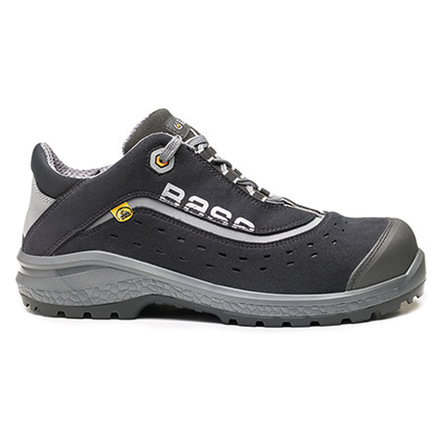 Black Base Be Style Safety Trainer. Trainer has a black sole, Grey Sole upper, Black scuff cap and Black laces. Trainer has base branding and grey contrast through out.