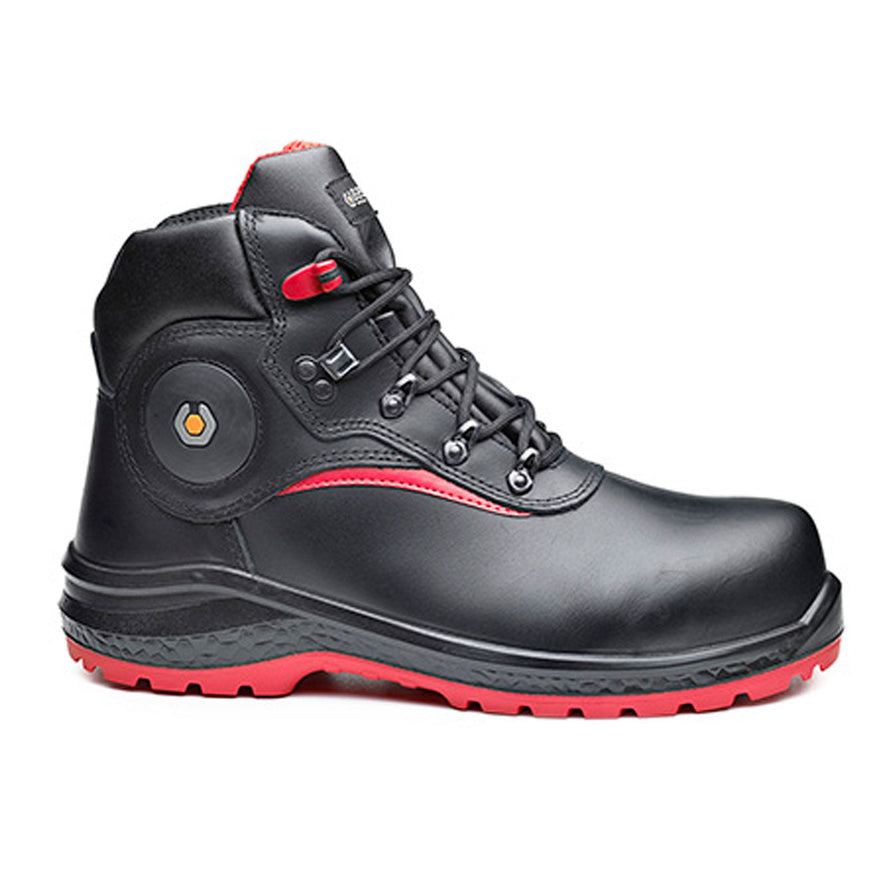 Black Base Be Stone Safety Boot. Boot has a Red sole, Black sole upper and black laces. Boot has base branding and Red contrast through out.