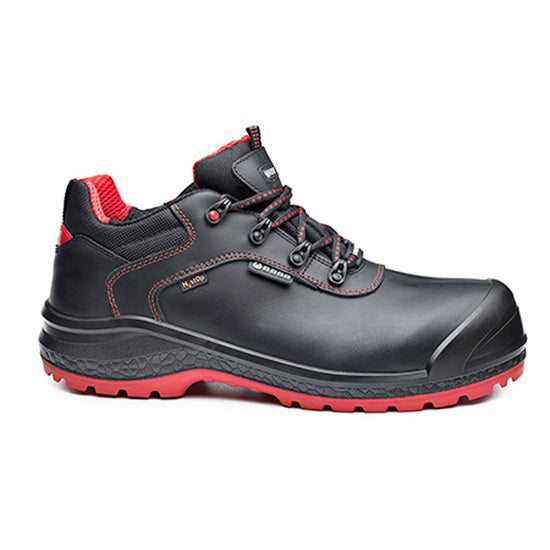 Black Base Be Dry Safety Boots. Boot has a red sole, Protective toe, Black scuff cap, black and red laces. Boot also has base branding and red stitching.