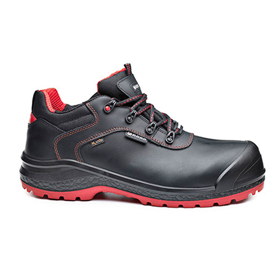 Black Base Be Dry Safety Boots. Boot has a red sole, Protective toe, Black scuff cap, black and red laces. Boot also has base branding and red stitching.