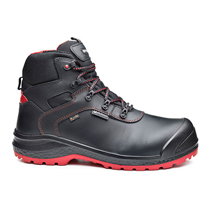 Black Base Be Dry Mid/ Be Rock Safety Boots. Boot has a red sole, Protective toe, Black scuff cap, black and red laces. Boot also has base branding and red stitching.