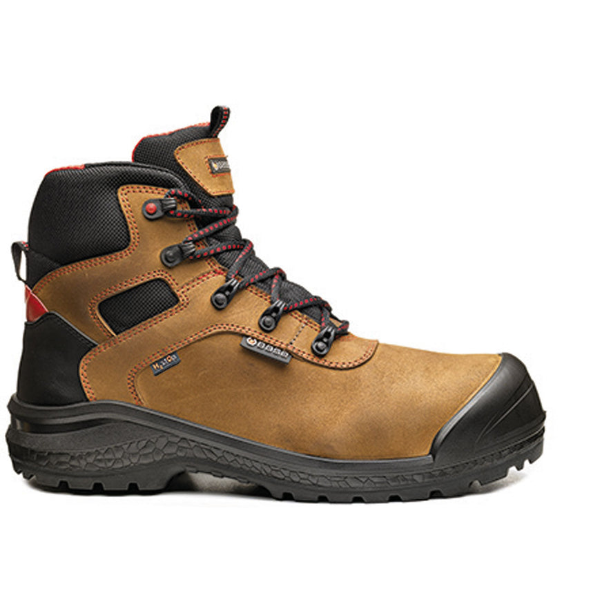 Brown Base Be Dry Mid/ Be Rock Safety Boots. Boot has a black sole, Protective toe, Black scuff cap, black and red laces. Boot also has base branding and red stitching.