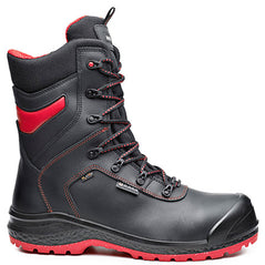 Black Base Be Dry Top High Safety Boots. Boot has a red sole, Protective toe, Black scuff cap, black and red laces. Boot also has base branding and red stitching.