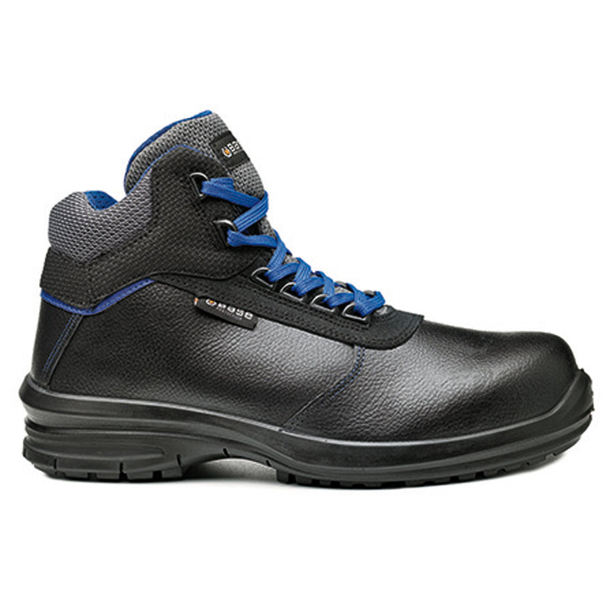 Black Base Izar Top Safety Boot with a protective toe, and Blue contrast on the side of the trainer and Laces.