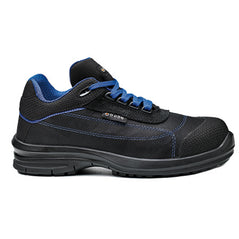 Black Base Pulsar Safety Trainer with a protective toe, Scuff cap and Blue stitching as well as laces for contrast.