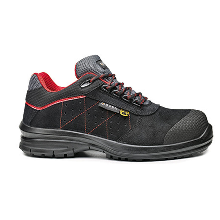 Black Base Quasar/Cursa Safety Boot with a protective toe, Scuff cap and Red stitching as well as laces for contrast.