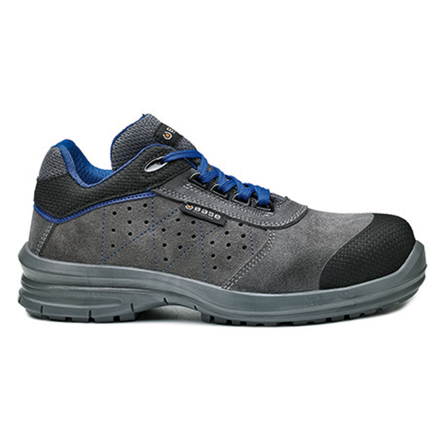 Grey and Black Base Quasar/Cursa Safety Boot with a protective toe, Scuff cap and Blue stitching as well as laces for contrast.