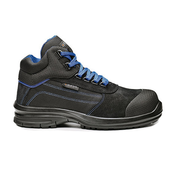 Black Base Pulsar Top Safety Boot with a protective toe, Scuff cap and Blue stitching as well as laces for contrast.