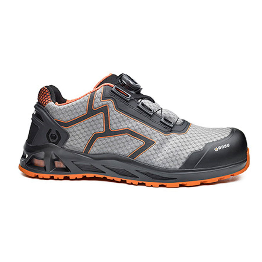 Grey, Black and Orange Base K Jump/ K Trek/ K Rush Safety Trainer with a protective toe, scuff cap and contrast on the side and sole of the trainer.