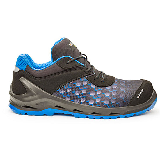 Black, Grey and Blue Base I Robox safety Trainer with a protective toe Scuff cap and a colour contrast to the upper and sole with lace Fasten.