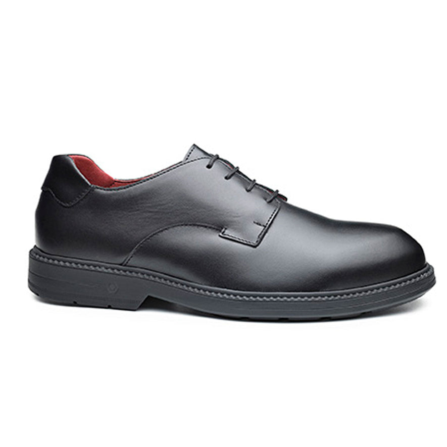 Base Cosmos Safety shoe in black with a protective toe cap and black laces.