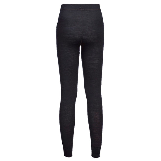 Back of Portwest Merino Wool Baselayer Legging in black with seam on back and elasticated waist and ankles.