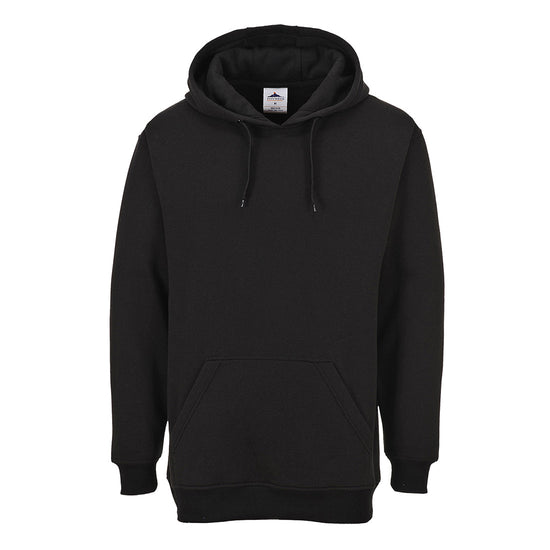 Black portwest Roma hoody. Hooded sweatshirt has a front large pocket and drawstring tighten on the hood.