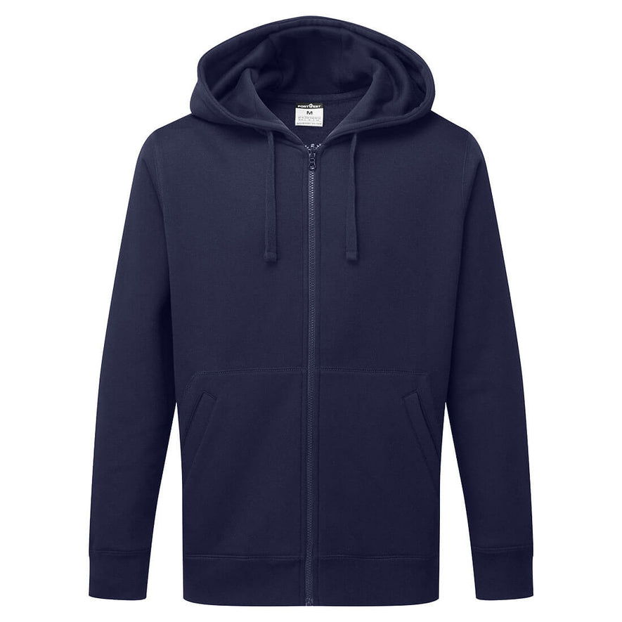 Portwest Zip Through Hoodie in navy with long sleeves, full zip fastening, hood with drawstring and two front pockets.