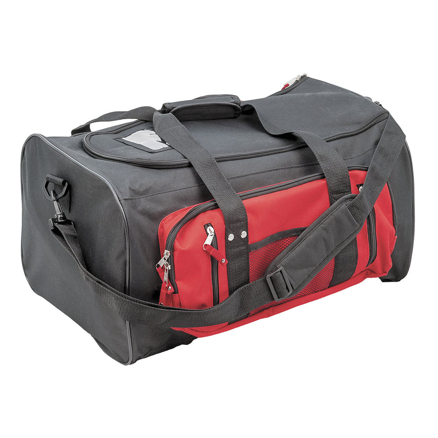 Grey and black Portwest holdall kitbag. Bag bas red side pockets and grey main. 