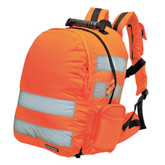 Orange Portwest quick release hi vis rucksack. Rucksack has black bands and handle. Hi vis bands on the front and middle of the bag.