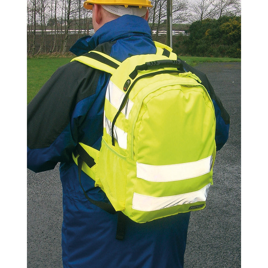 Yellow Hi vis bag with hi vis bands and black trip across the bag.