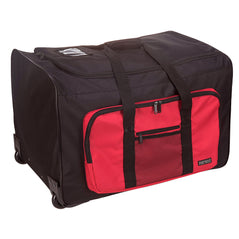 Black portwest Multi-Pocket trolley bag. Bag has red side pocket, Wheels and straps for carrying. Bag also has id badge holder.