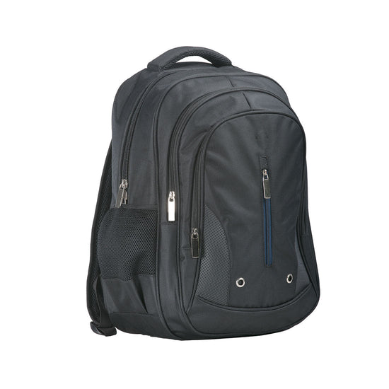 Black triple pocket backpack. Backpack has multiple zips front zip and black handle.