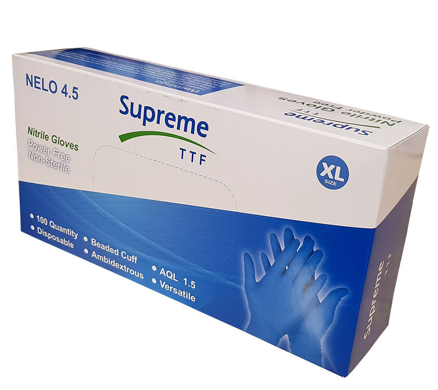 White and blue box of 100 Blue Nitrile Powder free gloves. Elasticated wrist.