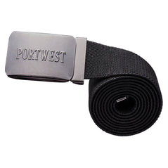 Black elasticated work belt with silver buckle and Portwest branding.