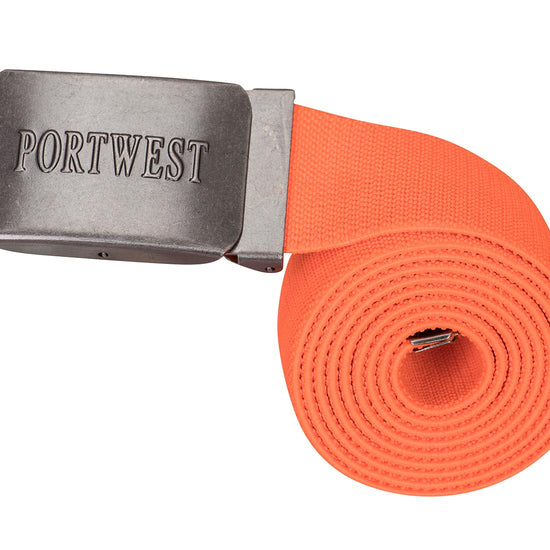 Orange elasticated work belt with silver buckle and Portwest branding.