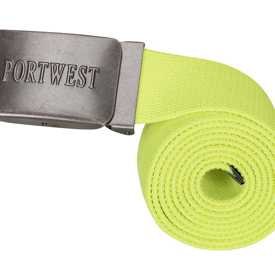 Yellow elasticated work belt with silver buckle and Portwest branding.