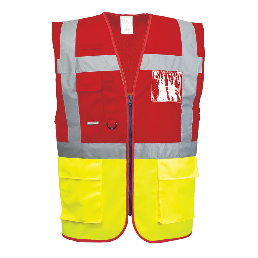 Yellow and red Hi vis paris executive vest with two tone accents of red at the top of the vest. Two waist bands and shoulder bands. Vests are Zip fasten and have Front pockets, D loop, a chest pocket, a pen pocket and Id badge holder.