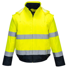 Yellow two in one essential hi vis contrast jacket. Jacket has navy contrast on the bottom of the jacket and arms and visible hood.