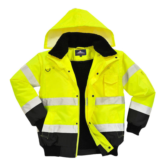Yellow Hi vis bomber jacket with two waist bands and arm bands. Pop button and zip fasten with waist pockets and chest pocket and visible hood. Black contrast on the bottom of the arms and body