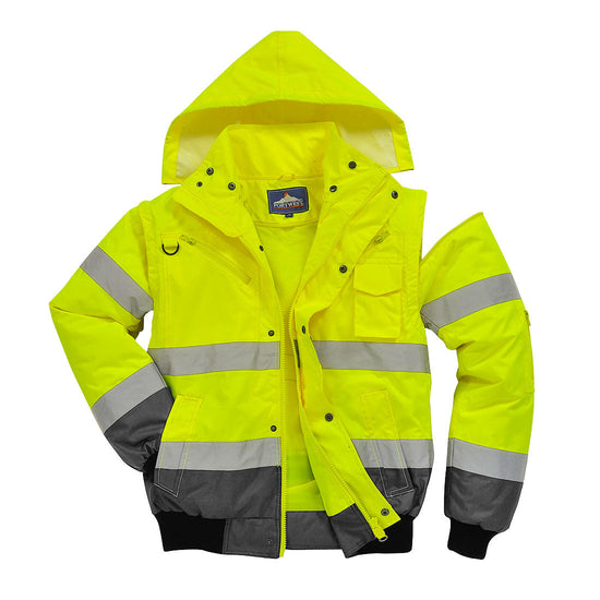 Yellow Hi vis bomber jacket with two waist bands and arm bands. Pop button and zip fasten with waist pockets and chest pocket and visible hood. Grey contrast on the bottom of the arms and body.