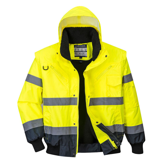 Yellow Hi vis bomber jacket with two waist bands and arm bands. Pop button and zip fasten with waist pockets and chest pocket and visible hood. Navy contrast on the bottom of the arms and body.