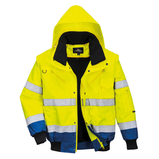 Yellow Hi vis bomber jacket with two waist bands and arm bands. Pop button and zip fasten with waist pockets and chest pocket and visible hood. Ruby blue contrast on the bottom of the arms and body.