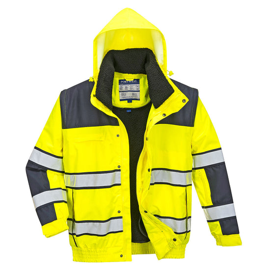 Yellow Hi vis bomber jacket with two waist bands and arm bands. Pop button and zip fasten with waist pockets and chest pocket and visible hood. Navy contrast on the shoulders and arms.