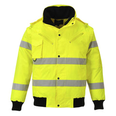 Yellow Hi vis three in one bomber jacket with two waist bands and shoulder bands. Pop button fasten with waist pockets, chest pocket with d loop and visible hood.