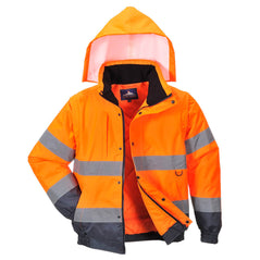 Orange and navy two tone one contrast Hi vis jacket with two waist bands and shoulder bands. Pop button fasten with waist pockets, a chest pocket d ring loop and visible hood. Jacket has navy contrast on the bottom of the jacket and arms.