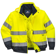 Yellow and navy two tone one contrast Hi vis jacket with two waist bands and shoulder bands. Pop button fasten with waist pockets, a chest pocket d ring loop and visible hood. Jacket has navy contrast on the bottom of the jacket and arms.