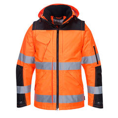 Orange portwest pro three in one hi vis contrast jacket. Jacket has black contrast on the bottom of the arms and on the top chest area. Jacket has side pockets, chest pocket, a pocket on the arm and a visible hood. Jacket has h vis bands along the mid of the coat and arms.