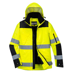 Yellow portwest pro three in one hi vis contrast jacket. Jacket has black contrast on the bottom of the arms and on the top chest area. Jacket has side pockets, chest pocket, a pocket on the arm and a visible hood. Jacket has h vis bands along the mid of the coat and arms.