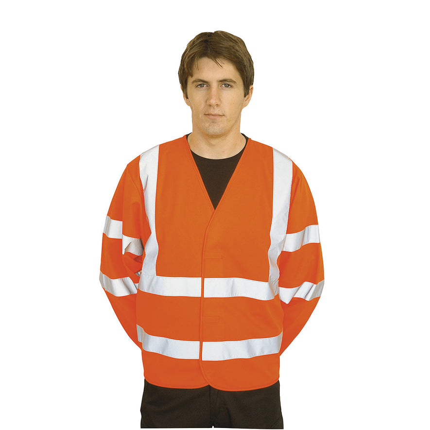 Person wearing Orange Hi-Vis long Sleeved Vest With Hi Vis Bands on the body shoulders and sleeves.  