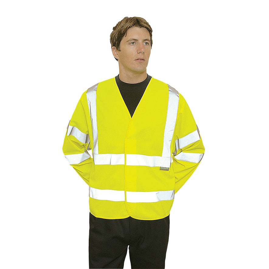 Person wearing Yellow Hi-Vis long Sleeved Vest With Hi Vis Bands on the body shoulders and sleeves.  