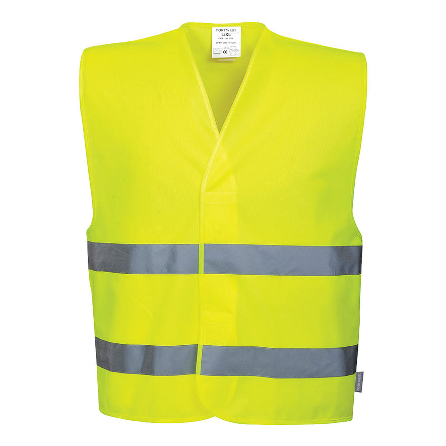 Yellow hi-vis vest with hi vis bands on the waist.