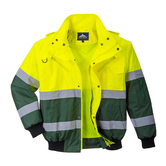 Yellow Portwest X Hi vis bomber jacket with two tone accents of green on the sleeve and bottom of the jacket. jacket has two hi vis waist bands, Pop button fasten with zip chest pockets and d ring loop and visible hood.