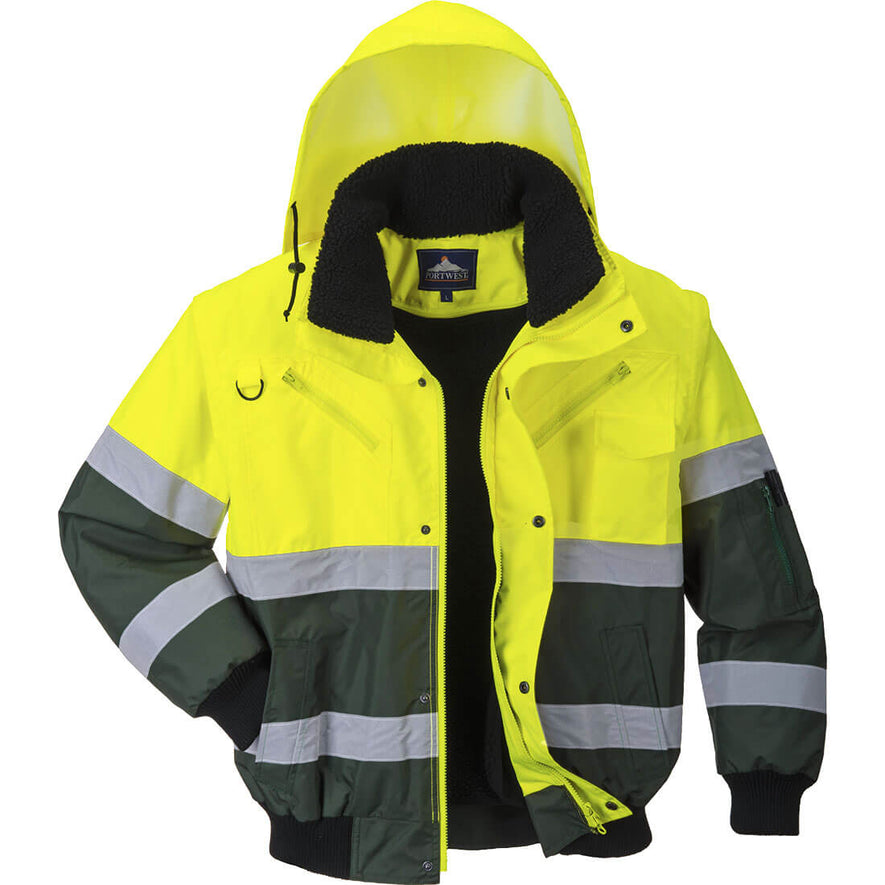 Yellow Portwest X Hi vis bomber jacket with two tone accents of green on the sleeve and bottom of the jacket. jacket has two hi vis waist bands, Pop button fasten with zip chest pockets and d ring loop and visible hood.