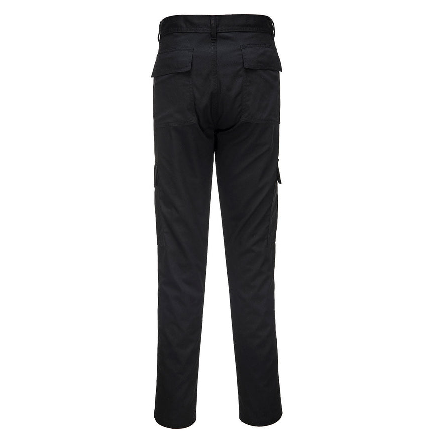 Black portwest slim fit combat trouser. Trouser has side cargo pockets. 