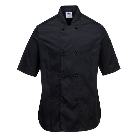 Black Portwest Rachel Ladies Short Sleeve chef jacket. Jacket is button fasten.