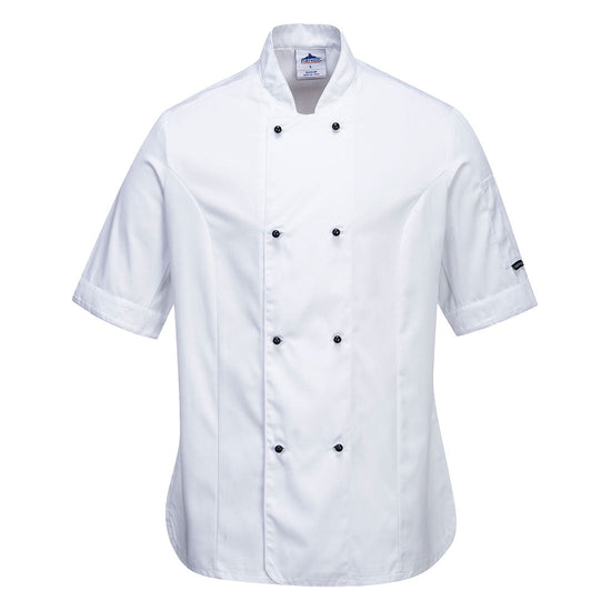 White Portwest Rachel Ladies Short Sleeve chef jacket. Jacket is button fasten.