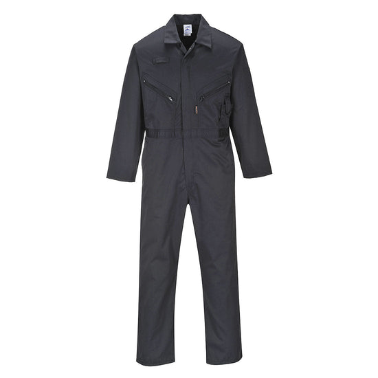 Black liverpool zip coverall, Coverall has zip fasten and has zip fasten chest pockets. Coverall has pen loop on the chest.